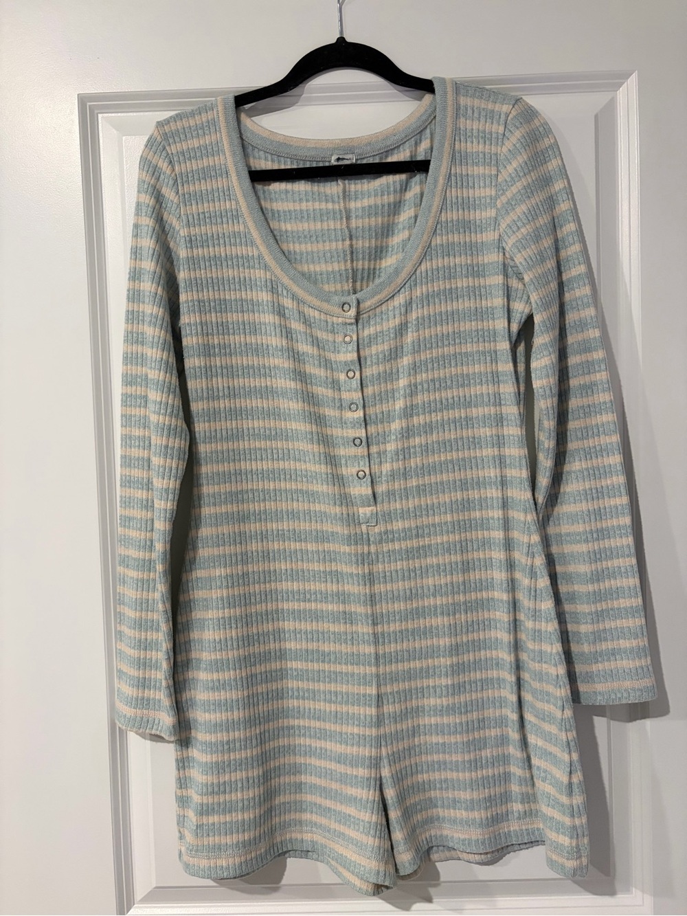 aerie Striped Ribbed Henley Sweater - Light Blue & Cream